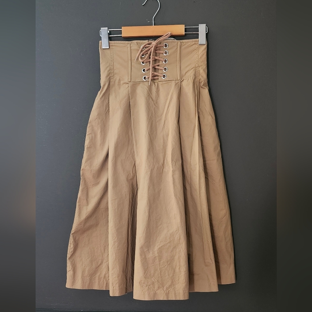 H&M Tan Midi A-Line Skirt with Pleated Tie Front
